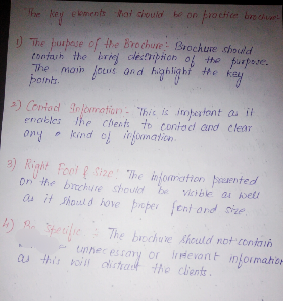 The key elements卡lat chould be on bra chce brochure. The pu pase ofthe Brochure-Brochure should contain the brieb déseribli