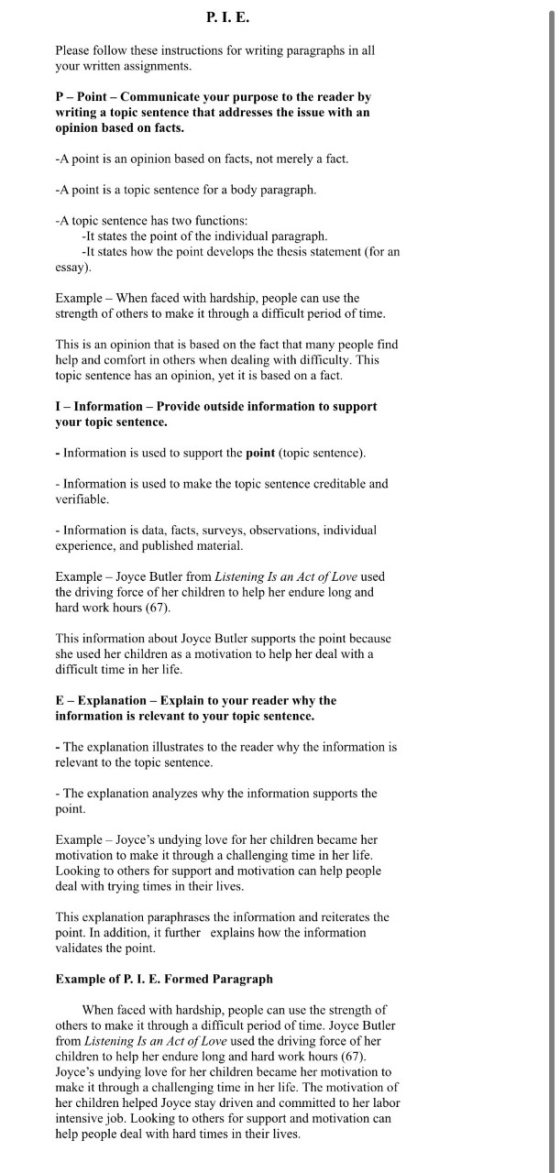 P. I. E. Please follow these instructions for writing paragraphs in all your written assignments. P-Point - Communicate your
