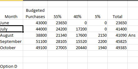 Month 5% June 0 July Budgeted Purchases 43000 44000 38800 51100 49100 55% 23650 24200 21340 28105 27005 40% 0 17200 17600 155