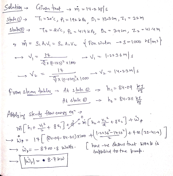 ر state → z V,= 17 Solution Given that m=17-268/5 state → T=20°C, P,= 192 kPa Di = 13.3cm, Z, =22m 72 = 20°C, P2 = 419 KPq, D