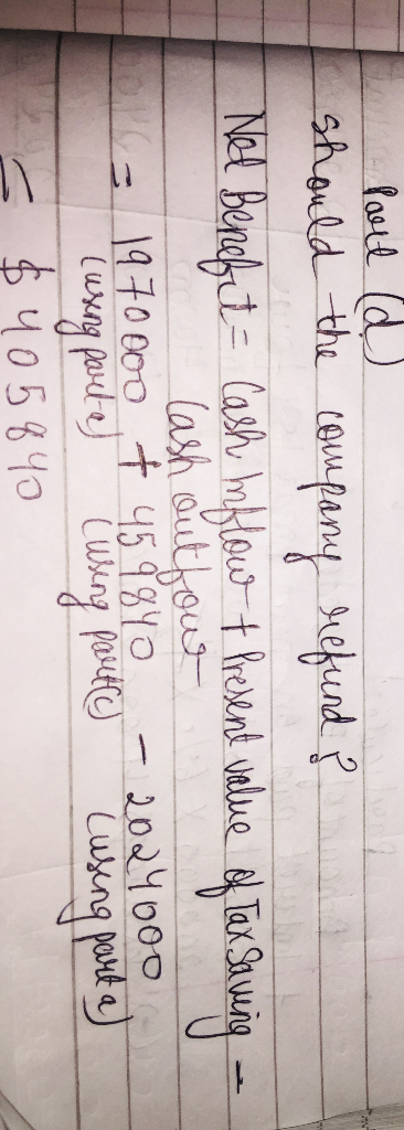 Part (d) should the company refund & Ned Benefit Cash inflow it Present value of Tax Saving - - Cash out fou - 2024000 Lusing