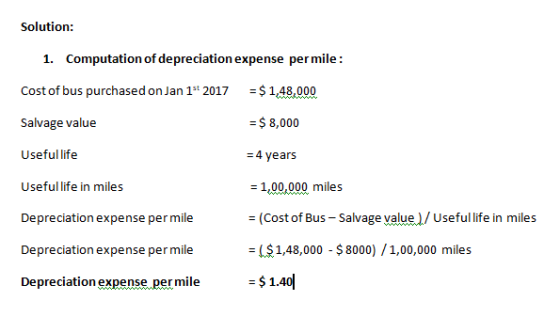 Solution: 1. Computation of depreciation expense permile: Cost of bus purchased on Jan 15 2017 = $ 1,48,000 Salvage value = $