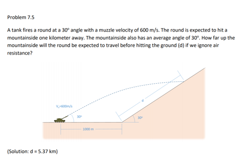 Problem 7.5 A tank fires a round at a 30° angle with a muzzle velocity of 600 m/s. The round is expected to hit a mountainsid