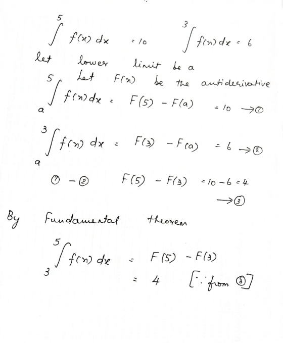 s fox dx 10 / fonde = 6 let lower linit be a Let fra) be the aut derivative I fondre - F(5) - Fla) 2/0 70 (from) dx = F(3) -