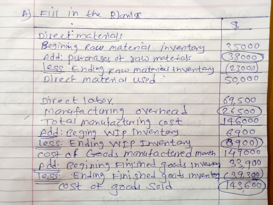 Alfill in the Plans Directmaterials Begining raw material inventory Add: purchases of raw materials less Ending Row material