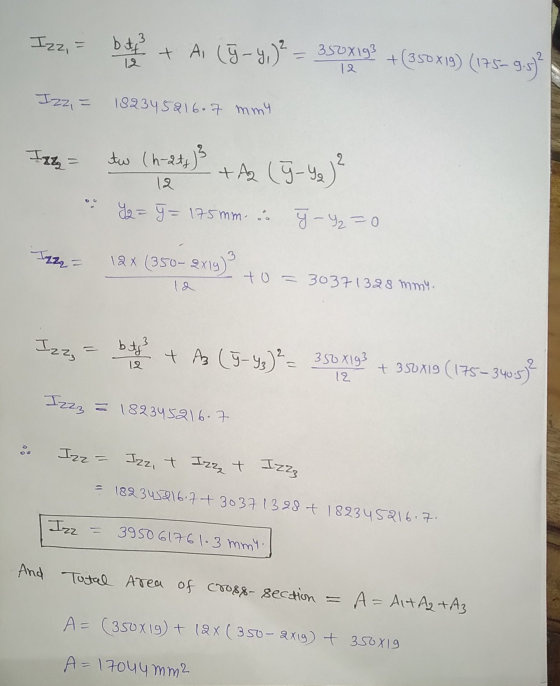 + IZZz 3 Izz, beth + A (9 – 4,² 350x193 + (350x19) (175-9.5² 12 Izz,= 182345816.7 mmy Izz = tw (h-at)} +Az (9-Ye)? 12. Y2 = ý