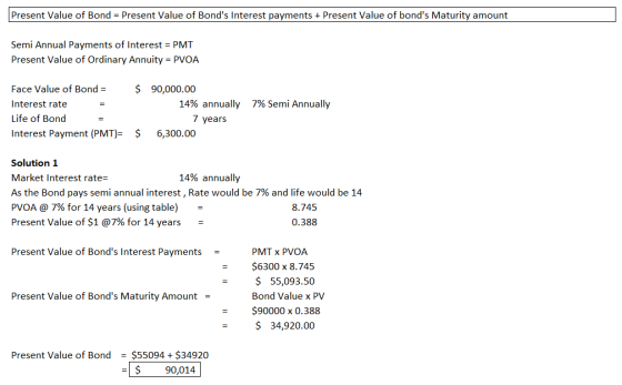 Present Value of Bond = Present Value of Bonds Interest payments + Present Value of bonds Maturity amount Semi Annual Payme