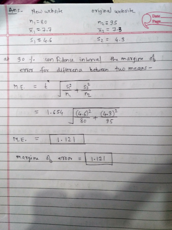 origioal website Ans- New wcbsit Date Page S2 4.3 Siこ4.6 Con fidene inerva he at maxgine en frdiflerena between tuo means- 2