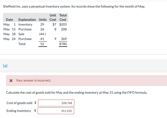 Sheffield Inc. uses a perpetual inventory system. Its records show the following for the month of May. Unit Total Explanation