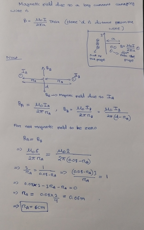 Magnetic field due to a long ecernent carrying wire is B = Mo I Tesla (Here a ès distance from the ада wire) B= Uomo ta s dia