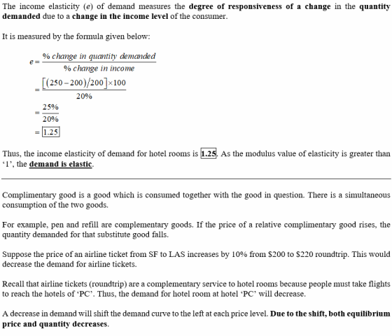 The income elasticity (e) of demand measures the degree of responsiveness of a change in the quantity demanded due to a change in the income level of the consumer It is measured by the formula given below: % change in quantity demanded % change in income 250-200)200 x100 2090 2590 20% =11.25 Thus, the income elasticity of demand for hotel rooms is 1.25 . As the modulus value of elasticity is greater than I, the demand is elastic Complimentary good is a good which is consumed together with the good in question. There is a simultaneous consumption of the two goods For example, pen and refill are complementary goods. If the price of a relative complimentary good rises, the quantity demanded for that substitute good falls Suppose the price of an airline ticket from SF to LAs increases by 10% from $200 to $220 roundtrip. This would decrease the demand for airline tickets Recall that airline tickets (roundtrip) are a complementary service to hotel rooms because people must take flights to reach the hotels of PC. Thus, the demand for hotel room at hotel PC will decrease A decrease in demand will shift the demand curve to the left at each price level. Due to the shift, both equilibrium price and quantity decreases