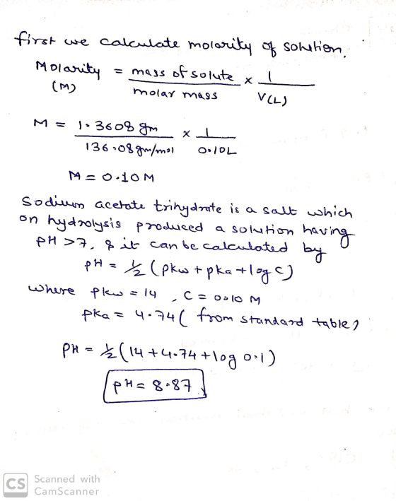 first we calculate molarity of solution Molarity = mass of solute x l (M) molar mass VLL) molan M = 103608 yoxd - 136.08gr/mo