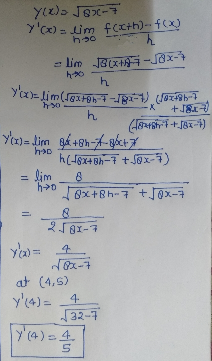 hoo h 70 Y(X)= Jox-7 Y(x) = lim fcxth)-f(x) h = lim 8(x+27-18X-7 h Yalim (exten-7-187-7) (1ox+86-7 h +J8x7 (182+86-7 +18x-7