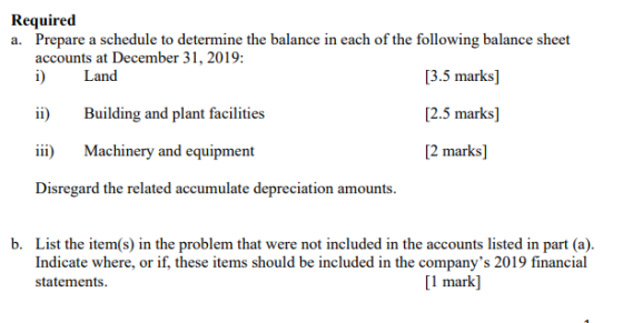 Required a. Prepare a schedule to determine the balance in each of the following balance sheet accounts at December 31, 2019: