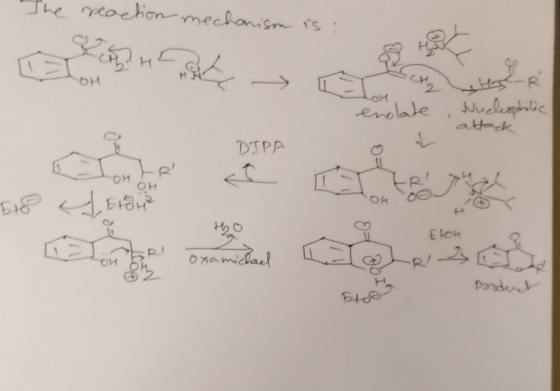 The reaction mechanism is : OH enolate, Nucleophetic attack DIPA on LR OH Sto I Store on or to oxamichael ♡ ETOH Tole s a o