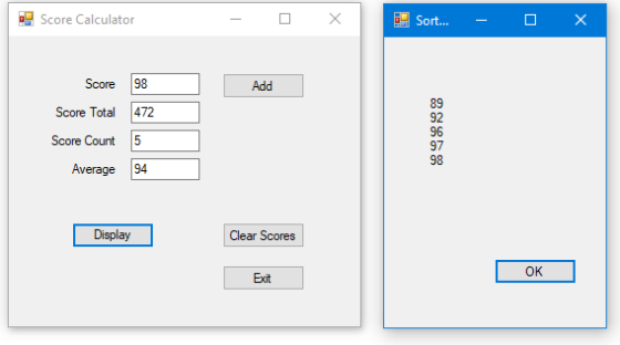 면 Score Calculator Sort- Score 98 Add Pelc 89 92 96 97 98 Score Total 472 Score Count 5 Average 94 Display Clear Scores OK Exit