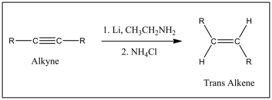 R-C5
-R
1. Li, CH3CH2NH2
–
2. NH4Cl
Alkyne
R
Trans Alkene