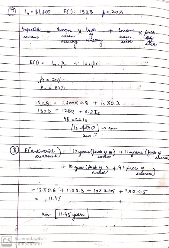 1x = $1,600E (I) = 1328 = 20% t of Income fros Expected a - Income y healthy winent Prob healthy Tige £(1) = la-Ba + Isobe bu
