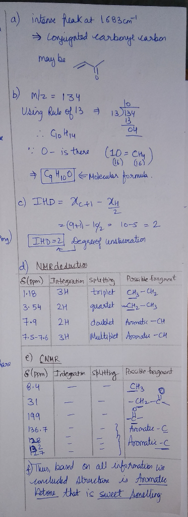 (a) intense freak at 1683 cm conjugated carbonyl carbon may be i (b) m/2=134 Using Rule of 13 = 133 134 . Go Hiu .: O- is the