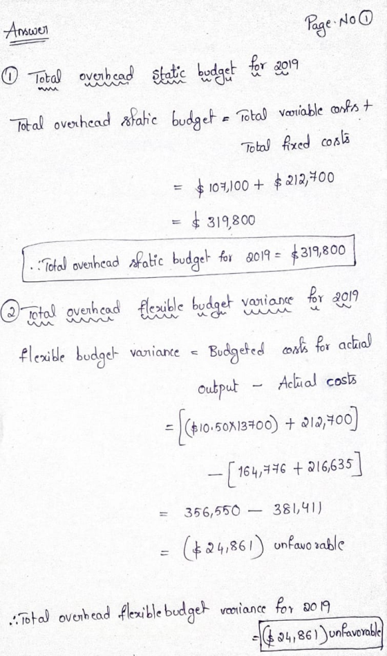 w Answer Page: No 0 Total overhead static budget for 2019 Total overhead static budget & Total variable costat Total fixed co