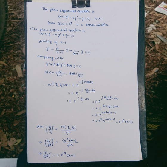 The given diffeentrel equetim is caーリゴーメyャ=0, おiven y.(u) =e knoun soluh Th given aiffe reutial equatiom is ーリずープ+= diiding b