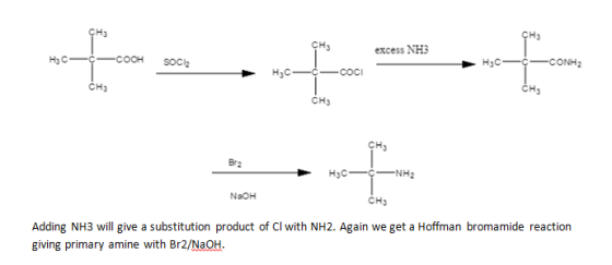 H3 CH3 CH3 excess NH3 CONH2 Нас CH3 CH3 CH3 CH3 Br 2 NaOH CH3 Adding NH3 will give a substitution product of Cl with NH2. Aga