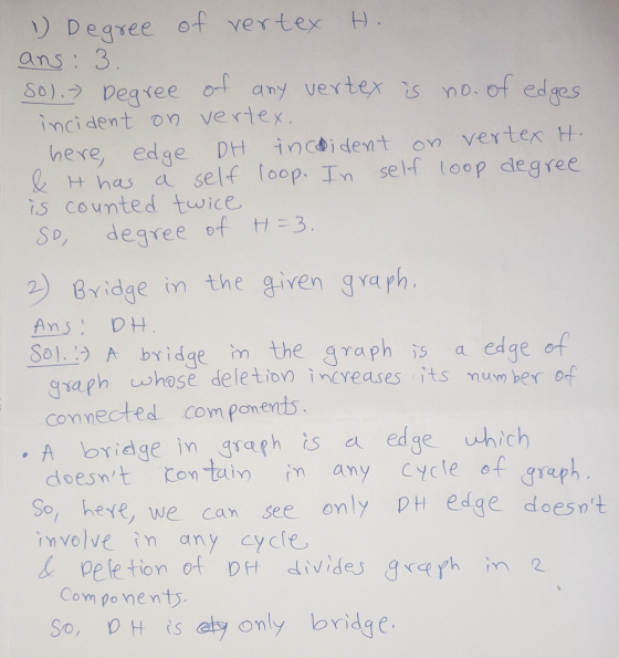 1 Degree of vertex H ans: 3. So). Degree of any vertex is no. of edges incident on vertex. here, edge DH incident on vertex H
