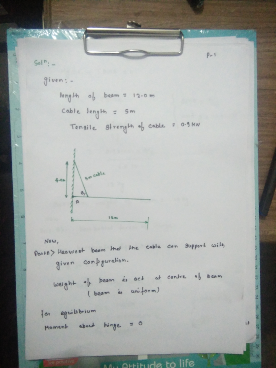 P-1 Salh: given - leng th al beam 12.0 m Cable Jenth5m Tensile lerglh ah cable 0 KN 4-0P 12 m Notw, Paa> Heavsest beam the th