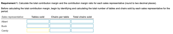 Requirement 1. Calculate the total contribution margin and the contribution margin ratio for each sales representative (round