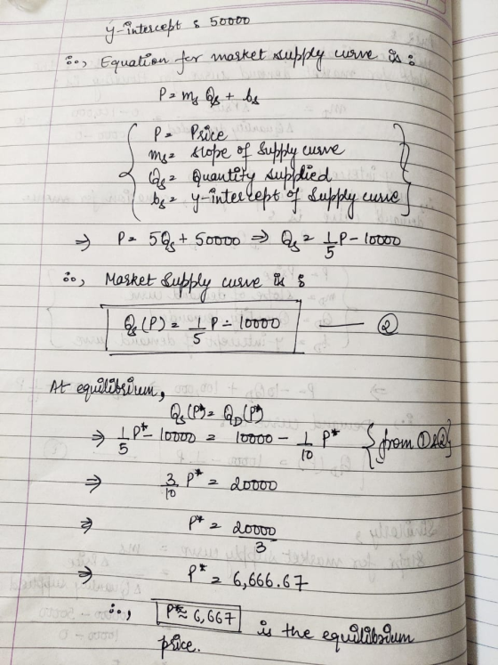 y-intercept s 50000 8. Equation for market supply curve is : P2 My Q + be CP= Price I my slope of supply curve & Qe2 Quantity