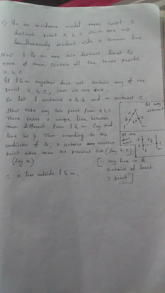 dittinet point a, b, simultaneously incider is In an incidence model there exitt 3 et point a b c which are not elmultaneousl