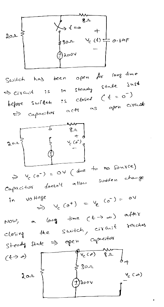 NA ttco ೩೦AL sou ve (t) = 0.1uf It 62001 Switch has been open » Circuit is in steady before switen is closed Capacitor acts a
