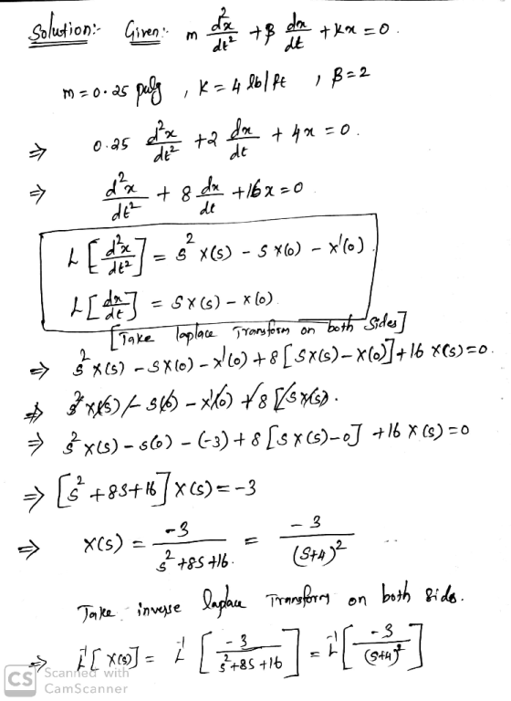 solution: Given dt? tp I B=2 m = 0.25 » 0.25 > du 2 oda +km=0 dt pulg ,K=4 lblft dx ta Im + 40 =0 de² dt d²x +8 +16x=0 dE² de