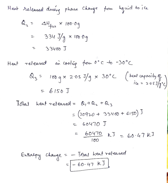 Heat released during phase change from equid to ice Q = 4H fus * 100.0g 3 334 J/g x 1000g = 33400 J Heat released in cooling