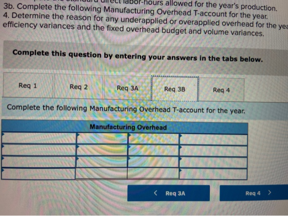 - U UNELE duor-hours allowed for the years production. 3b. Complete the following Manufacturing Overhead T-account for the y