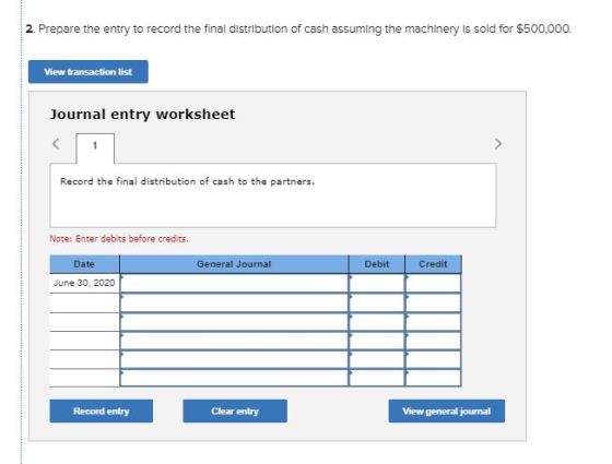 2. Prepare the entry to record the final distribution of cash assuming the machinery is sold for $500,000. View transaction l
