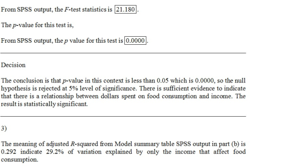 From SPSS output, the F-test statistics is 21.180 The p-value for this test is, From SPSS output, the p value for this test i