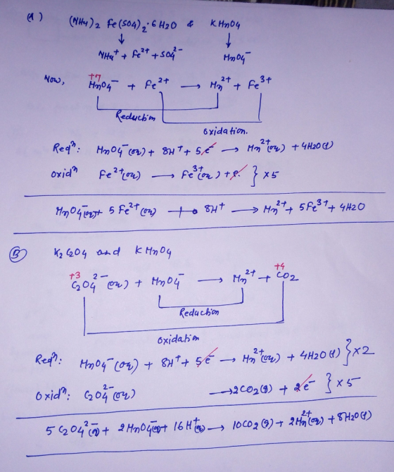 (1) (NH4)2 Fe (504), 6H2O & Kinou Nhut + fe²t +504 Hnou Reduction oxidation. Red”: Hnog (on) + SHT+5€ - Hutton) + 4H20 W oxid