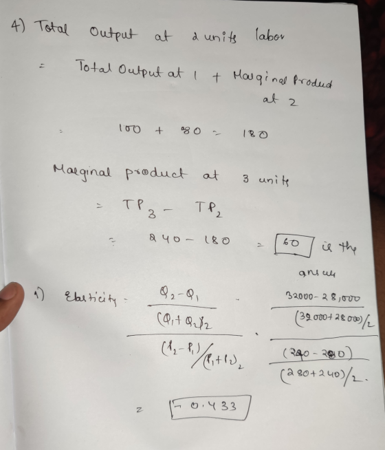 4) Total output at d units labor a Total Output at It Mauginal Product at 2 100 + oso - 180 Malginal - & product at 3 units T
