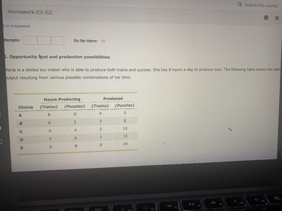 Q Search this course Homework (Ch 02) 0 x k to Assignment ttempts: Do No Harm: 75 5. Opportunity Ist and production possibili