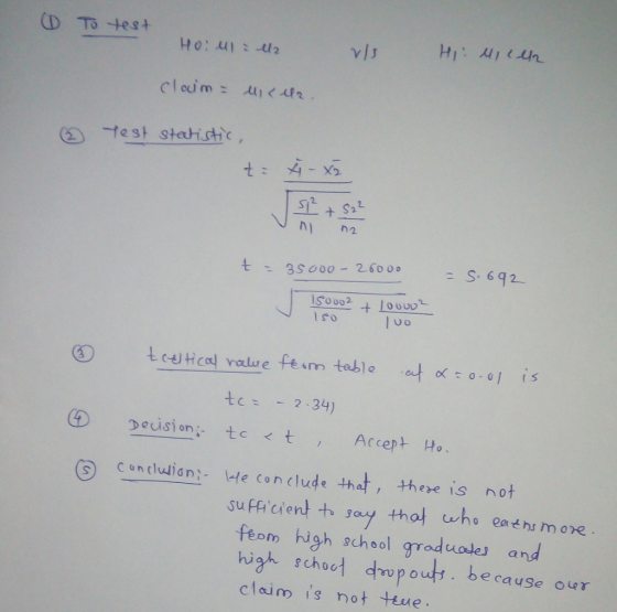 ( To test Ho: 11 12 vis Hi Mich claim - Misur. ② Test statistic, t- - x2 S² + S2² t = 35000-26000 = 5.692 150002 * JOU002 150