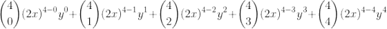 \binom{4}{0} (2x)^{4-0}y^{0}+ \binom{4}{1} (2x)^{4-1}y^{1}+ \binom{4}{2} (2x)^{4-2}y^{2}+ \binom{4}{3} (2x)^{4-3}y^{3}+ \binom{4}{4} (2x)^{4-4}y^{4}