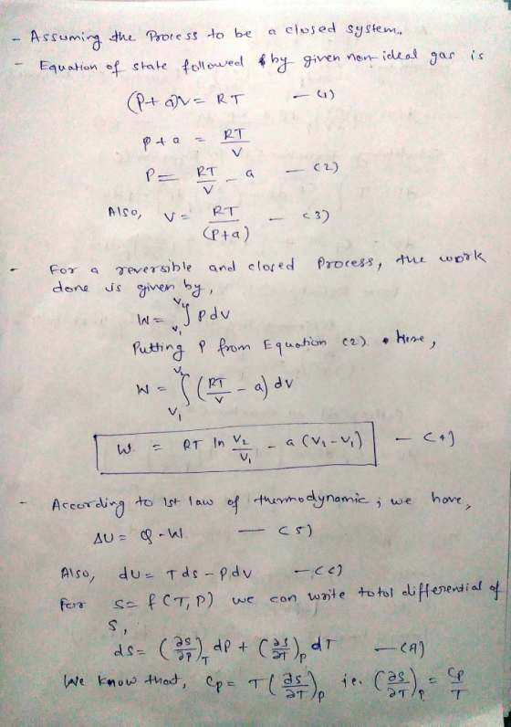- Assumina he Prore ss to be a closed system. Equshon ef state foll e-veel希ng-given non-ideal Ja, is Ca) rta) done js given b