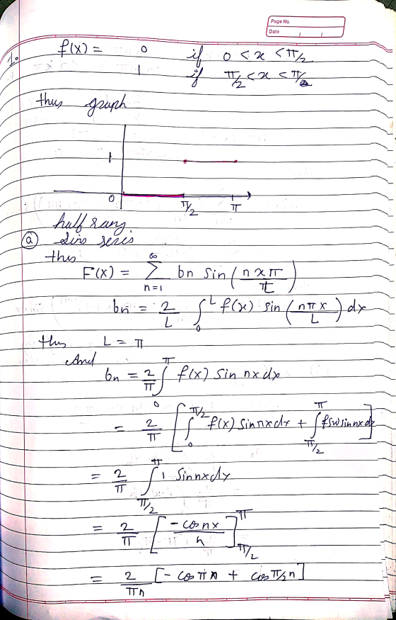 Page No. Date f(x) = if ocz </ if I ca sa this graph + TY (a hulfrary, sirs seris this F(X) = & bn sin (nat n=1 bn = 2 L I f(