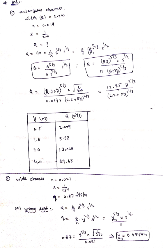 * ANS :- o rectangular channel, width (B) = 2.2 m no 0.019 Szabo a = A = A 23 s? A (433 sovrum (a = sh. 10 = (0,34% 5 200 =