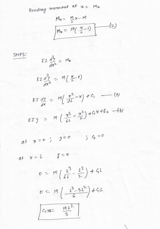 Ma Bending moment at Mac = Mx-M I -(2) Mac = M 2 - 1) Step3! EI chy Mac d22 = EI di M( 2 - 1) dx2 I dy dx Mil an t-x)+c, M x