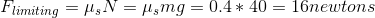 F_{limiting}=\mu_{s}N=\mu_{s}mg=0.4*40=16 newtons