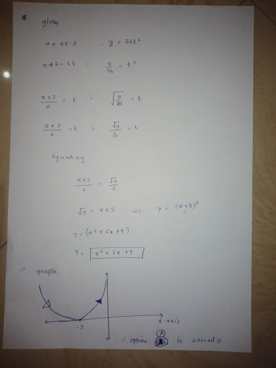given x = 6t-3 y = 3612 x +3=6t : y = te delle vie 2 + 3 ola Equating Equating x + 3 Jy = 2+3 - y = (x+3)? 7 = (x 2 + cato) Y