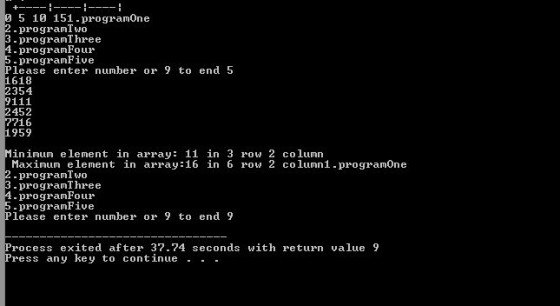 5 10 151.programOne 2.programTwo progranThree programFour 5.programFive Please enter number or 9 to end 5 1618 354 9111 452 7