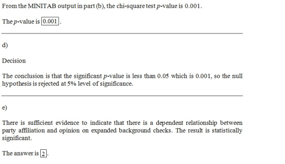 From the MINITAB output in part (b), the chi-square test p-value is 0.001 The p-value is | 0.001- d) Decision The conclusion